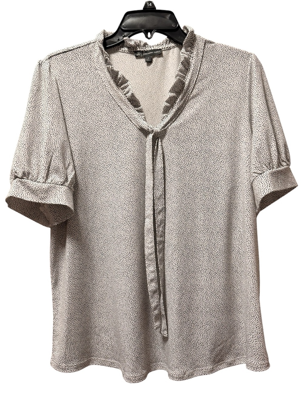 Adrianna Papell Ruffle Tie Neck Micro Dot Blouse Gray Black L - Picture 2 of 5